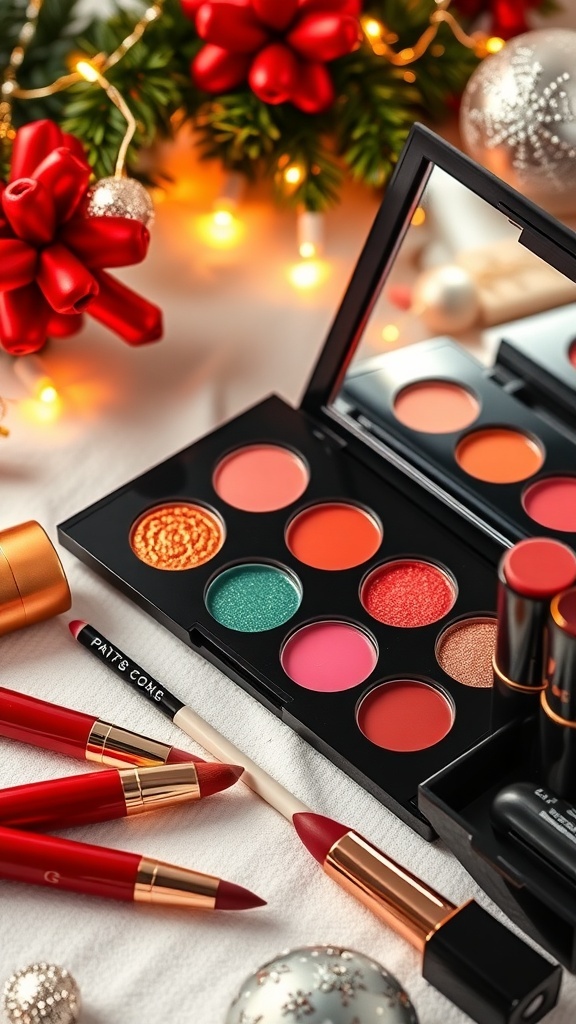 A festive makeup setup with Christmas-themed colors and decorations.